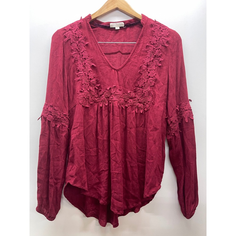 Coco + Jaimeson Burgundy Lace Trim Boho Babydoll Blouse Top Small Burgundy Red